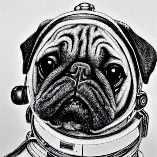 Image similar to pencil art, golden - ratio, spirals, highly detailed, astronaut pug in outer space by davinci.