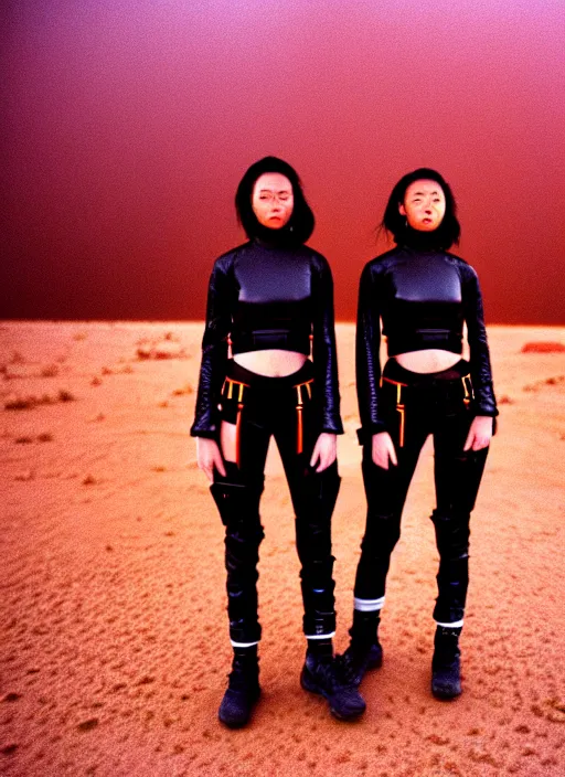 Image similar to photographic portrait shot on cinestill 5 0 d of two loving clones in front of a brutalist dark metal facility, techwear women on a desolate plain with a red sky, diverse, dust storm, 3 5 mm, 8 k, depth of field, high resolution, ultra realistic faces