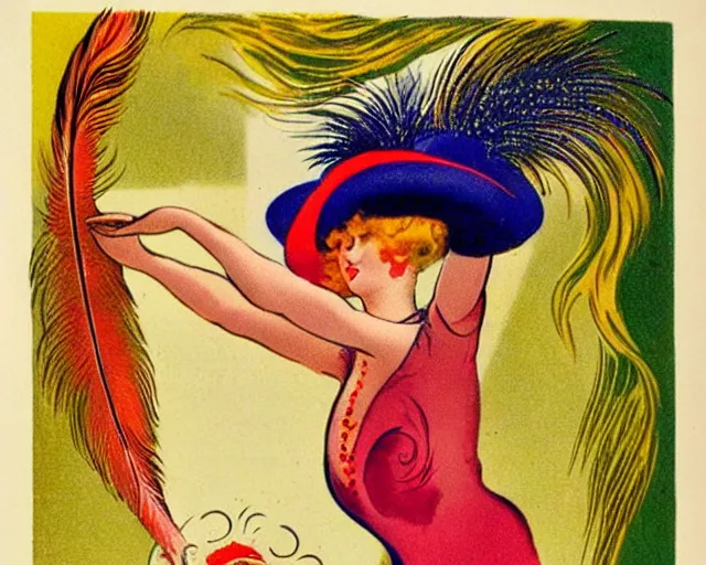 Prompt: vintage, melchizedek champagne bottle. cancan. cheerful, belle epoque, leonetto cappiello, pur champagne damery, 1 9 0 2. feather hat