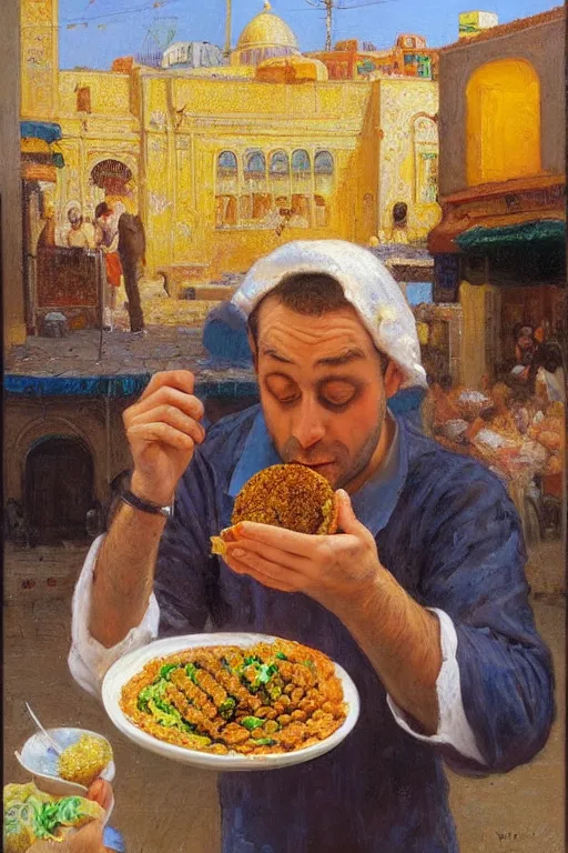 Image similar to portrait of an israeli man eating a falafel in tel aviv, victor Nizovtsev