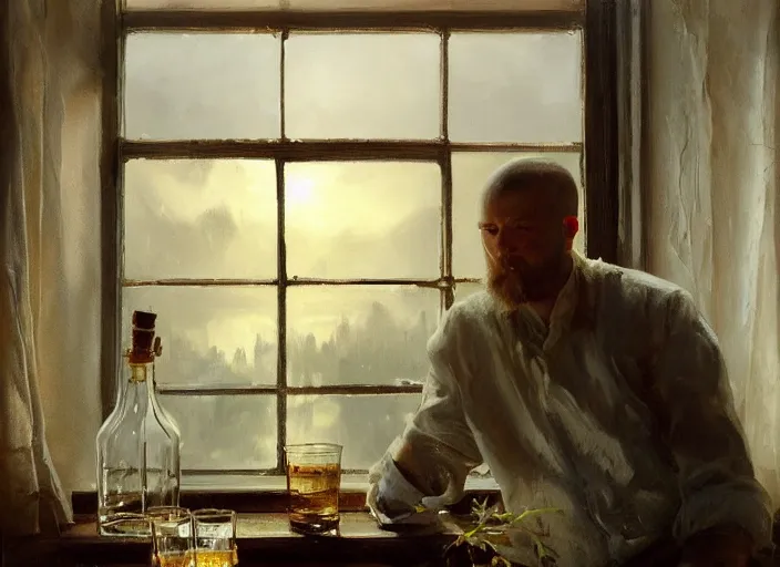 Prompt: oil painting of whiskey bottle, malt, barley plants, grain, art by anders zorn, wonderful masterpiece by greg rutkowski, beautiful cinematic light, backlit, window cast shadows, american romanticism by greg manchess, creation by tyler edlin