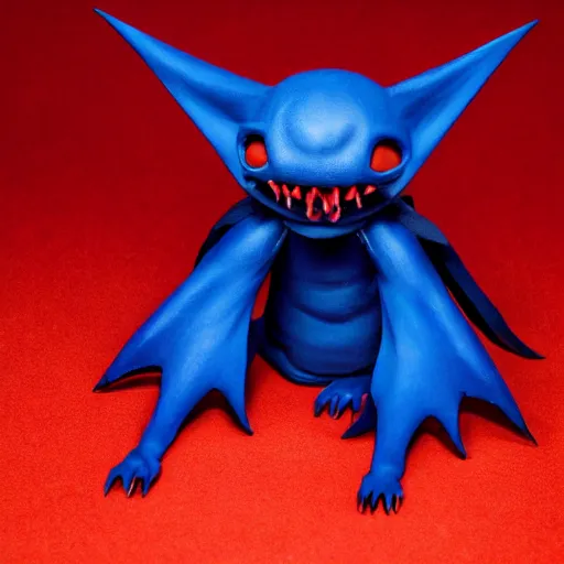 Image similar to detailed full body of scary giant mutant dark blue humanoid pygmy-bat, glowing red eyes flying above a stormy ocean, sharp teeth, acid leaking from mouth, realistic, giant, bat ears, bat nose, bat claws, bat wings, furred, covered in soft fur, detailed, 85mm f/1.4