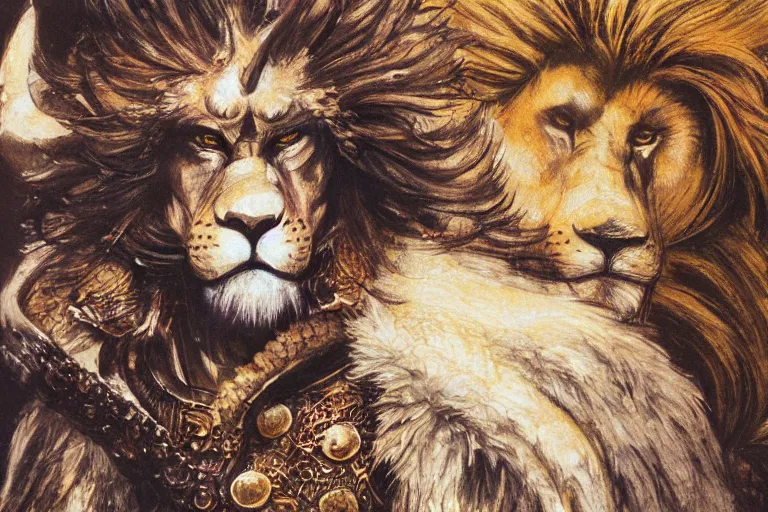 Image similar to 8k Yoshitaka Amano painting of upper body of a young cool looking lion beast-man at a medieval market at windy day. White mane, Depth of field. He is wearing complex fantasy armors. He has huge paws. Renaissance style lighting.