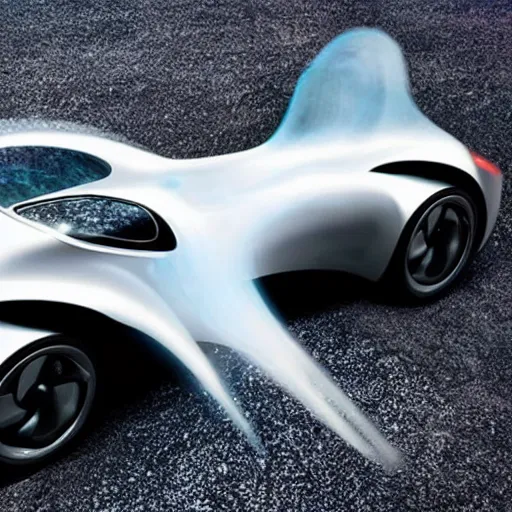 Image similar to a porsche 911 reimaged as a spaceship, flying through space at the speed of light