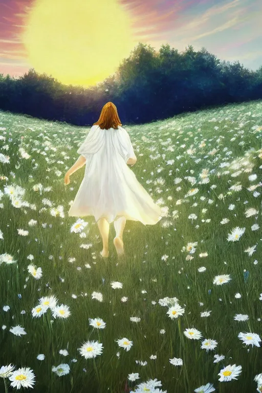 Image similar to giant white daisy flowers as head veil, girl walking in a flower field, surreal photography, sunrise, dramatic light, impressionist painting, colorful clouds, digital painting, artstation, simon stalenhag