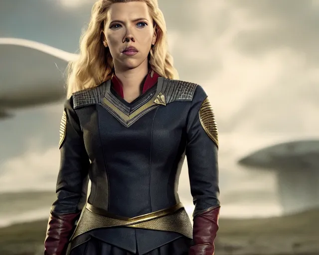 Image similar to starfleet uniform, portrait of scarlett johansson as lagertha, in starfleet uniform, from the tv series vikings