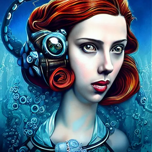 Image similar to underwater bioshock lovecrafian victorian portrait of scarlett johansson, octopus, Pixar style, by Tristan Eaton Stanley Artgerm and Tom Bagshaw.