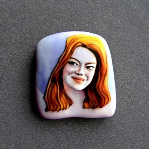 Prompt: beautiful colorful pebble stone ceramic portraying emma stone