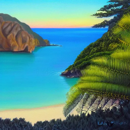 Image similar to golden bay new zealand, abel tasman, Lastreopsis hispida, colorful oil painting, trending on artstation