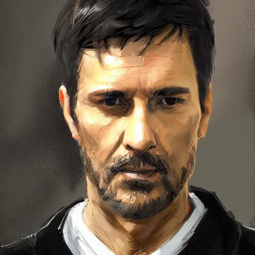 Image similar to Portrait of a man by Greg Rutkowski, he is about 40 years old, short black hair with bangs, his features are a mix between French, Turkish and Russian, dad vibes, he is wearing a white and black utility jumpsuit, highly detailed portrait, digital painting, artstation, concept art, smooth, sharp foccus ilustration, Artstation HQ.