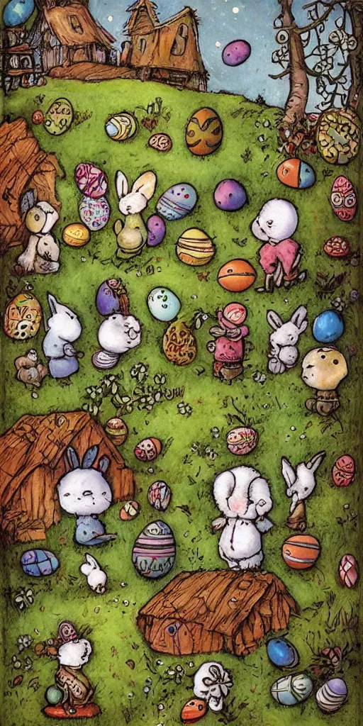 Image similar to an easter scene with eggs and bunnies by alexander jansson and where's waldo in easter colors