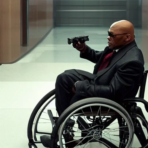 Image similar to Samuel L. Jackson as Professor X, it's the wheelchair that says Bad Motherf*cker, hyper realistic, x-men, superhero, marvel, 4k cinematic