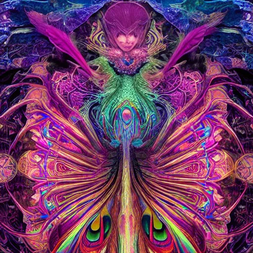 Prompt: A reality bending psychedelic ayahuasca experience, colorful, distorted, surreal, peacock feathers, dramatic lighting from below, intricate, elegant, highly detailed, digital painting, concept art, smooth, sharp focus, illustration, art by Krenz Cushart and Wayne Barlowe and alphonse mucha