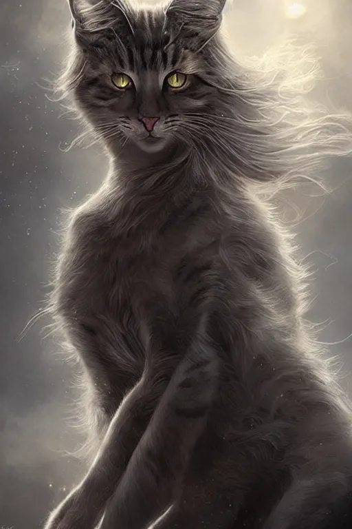 Prompt: majestic beautiful young cat girl goddess!!, ears, tail, intricate, epic, elegant, menacing, fantasy, highly detailed, digital painting, hard focus, beautiful volumetric lighting, epic light, ultra detailed, souls, smoke, by leesha hannigan, ross tran, thierry doizon, kai carpenter, ignacio fernandez rios