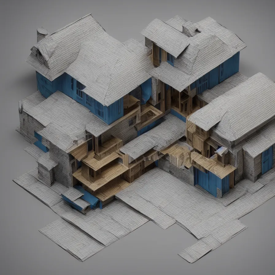 Image similar to architectural model, isometric view, 3 d render, studio lighting, wood and paper, low contrast, dark background, highly detailed, house, courtyard, tree, blue