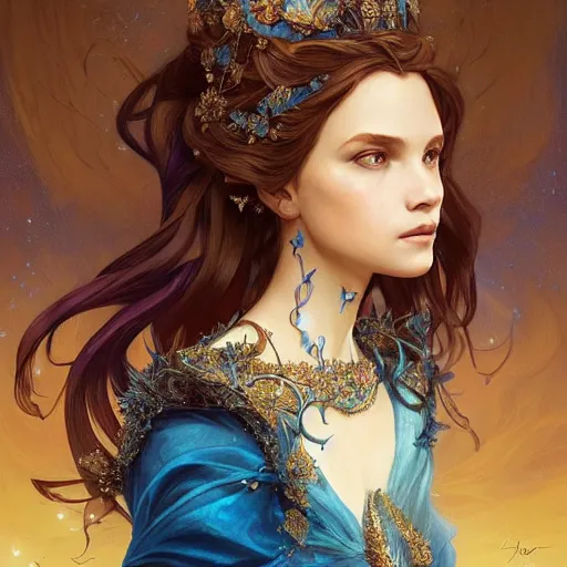 Image similar to portrait of faerie queen, elegant, intricate, headshot, blue sky background, highly detailed, digital painting, artstation, concept art, sharp focus, illustration, art by artgerm and greg rutkowski and alphonse mucha h 7 6 8