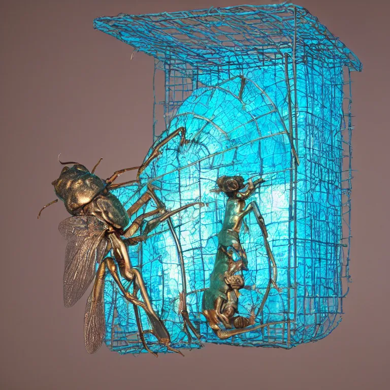 Image similar to hyperrealistic sculpture of a bronze fossilized wentletrap cicada dusted with blue spraypaint in a grid cage on a pedestal by ron mueck and duane hanson and lee bontecou, hyperrealistic dramatic colored lighting trending on artstation 8 k