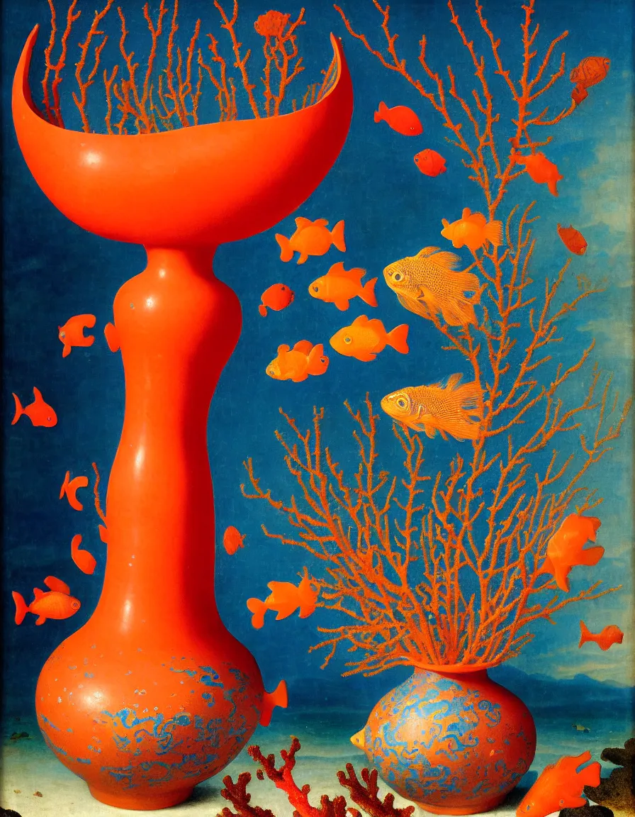 Image similar to bottle vase of coral under the sea and in the sky decorated with a dense field of stylized scrolls that have opaque outlines enclosing mottled blue washes, with orange shells and purple fishes, ambrosius benson, oil on canvas, hyperrealism, around the edges there are no objects