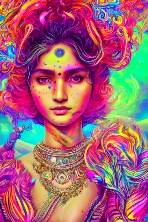 Prompt: a beautiful indian girl engulfed in colorful liquid smoke and neon clouds, a colorful psychedelic experience, dmt, lsd, face, highly detailed, artstation, concept art, matte, sharp focus, illustration, digital art by hana yata, and artem demura and beeple, lisa frank, octane render, unreal engine, 8 k