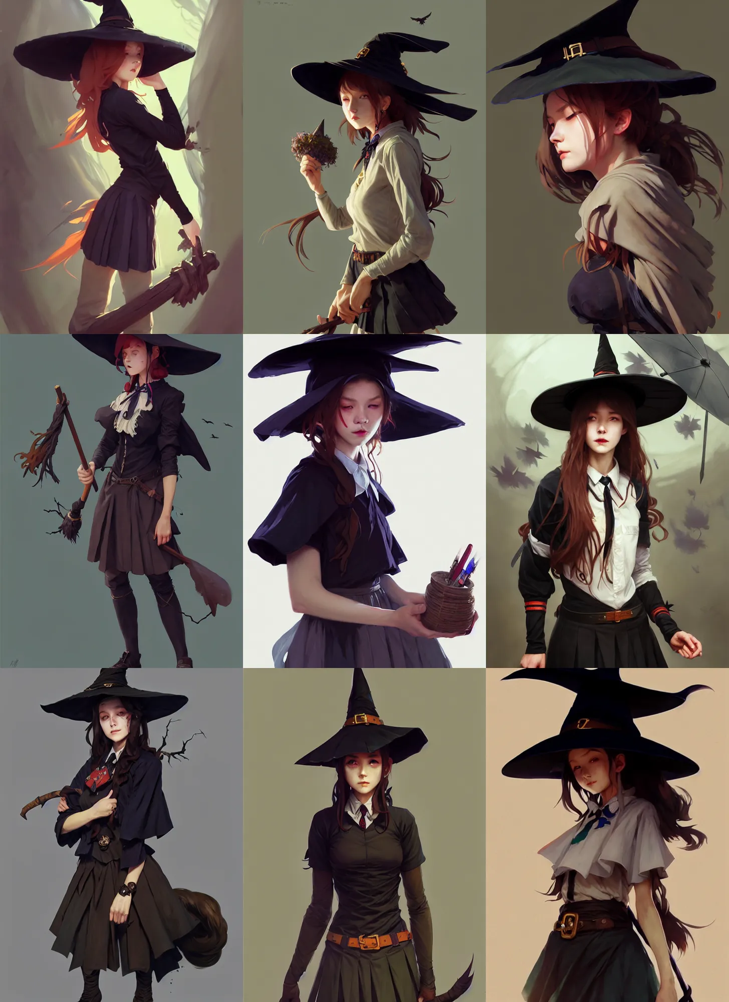 Image similar to rugged girl witch wearing magic school uniform, large wide - brimmed witch hat, cinematic, elaborate, elegant, masterpiece, illustration, digital painting, concept art, trending on artstation, pixiv, art by ruan jia and hong soonsang and wlop and artgerm and greg rutkowski and alphonse mucha