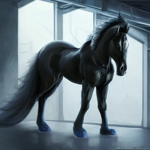 Prompt: a enormously muscled black - coated anthro horse supersoldier with long white hair wearing tactical kevlar fabric in a research facility, exaggerated muscle physique, highly detailed, furry, furaffinity, digital painting, artstation, sharp focus, smooth, concept art, illustration, art by artgerm, greg rutkowski, makoto shinkai