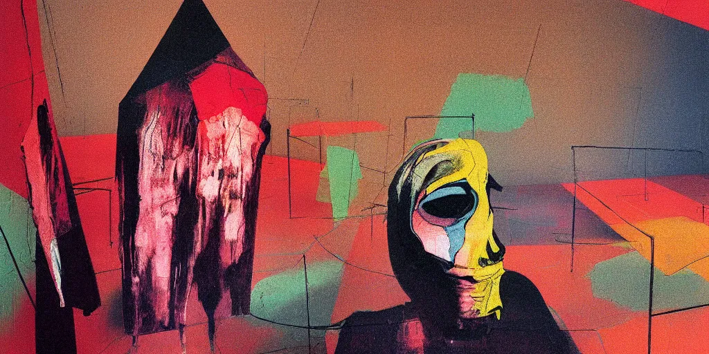 Prompt: an empty room in the style of constructivism, exhibition of paintings, trash bag on head, risograph grainy painting, blurred, acrylic paint, high resolution, gouache on canvas, ultra detailed, vibrant colors, grotesque, wrapped thermal background, slimey, by francis bacon, beksinski painting, close - up wide portrait