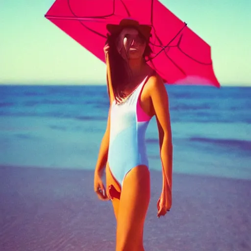 Prompt: “A beautiful woman at the beach in lifeguard attire, dreamcore aesthetic, taken with a Pentax K1000, Expired Burned Film from 1930s, Softbox Lighting, 85mm Lens”