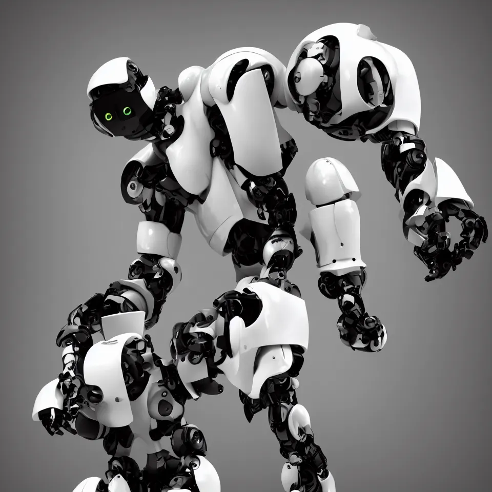 Prompt: robot mascot white large head black torso black arms cinematic trending on artstation