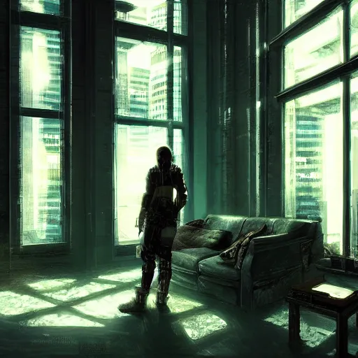 Image similar to cyberpunk living room interior, windows, light rays, buildings, dystoptian, gorgeous view, no person, depth, painted by Seb McKinnon, clouds, tending on artstation