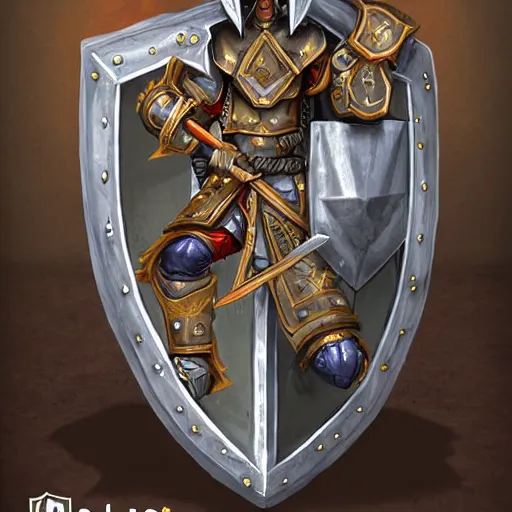 Image similar to holy paladin wearing full plate armor holding a monkey crest shield and holding flame tongue sword and riding a velociraptor, concept fantasy, dnd