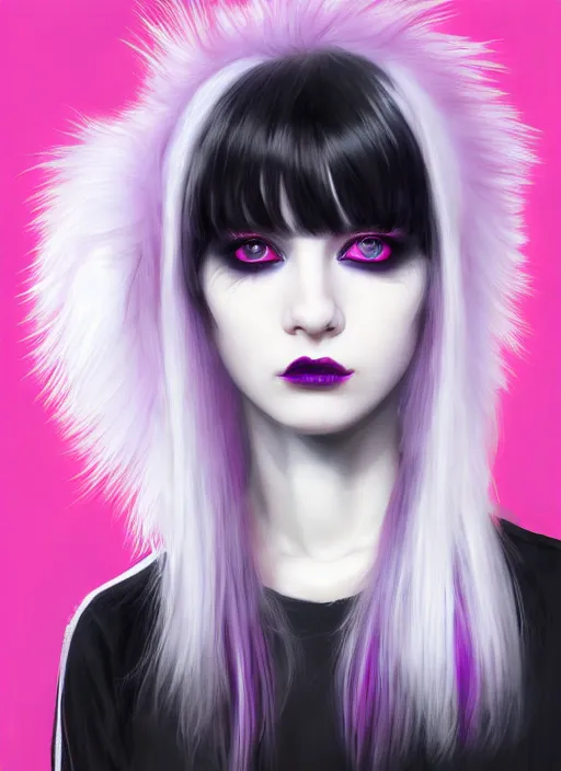 Image similar to portrait of white teenage girl, normal face, white bangs, mall goth, cyberlox, black and white hair, bangs, fluffy bangs, red contact lenses, purple lipstick, intricate, elegant, highly detailed, digital painting, artstation, concept art, sharp focus, smooth, illustration, art by wlop, mars ravelo and greg rutkowski