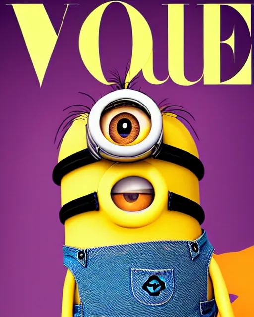 Prompt: a minion poses seductively on the cover of Vogue magazine