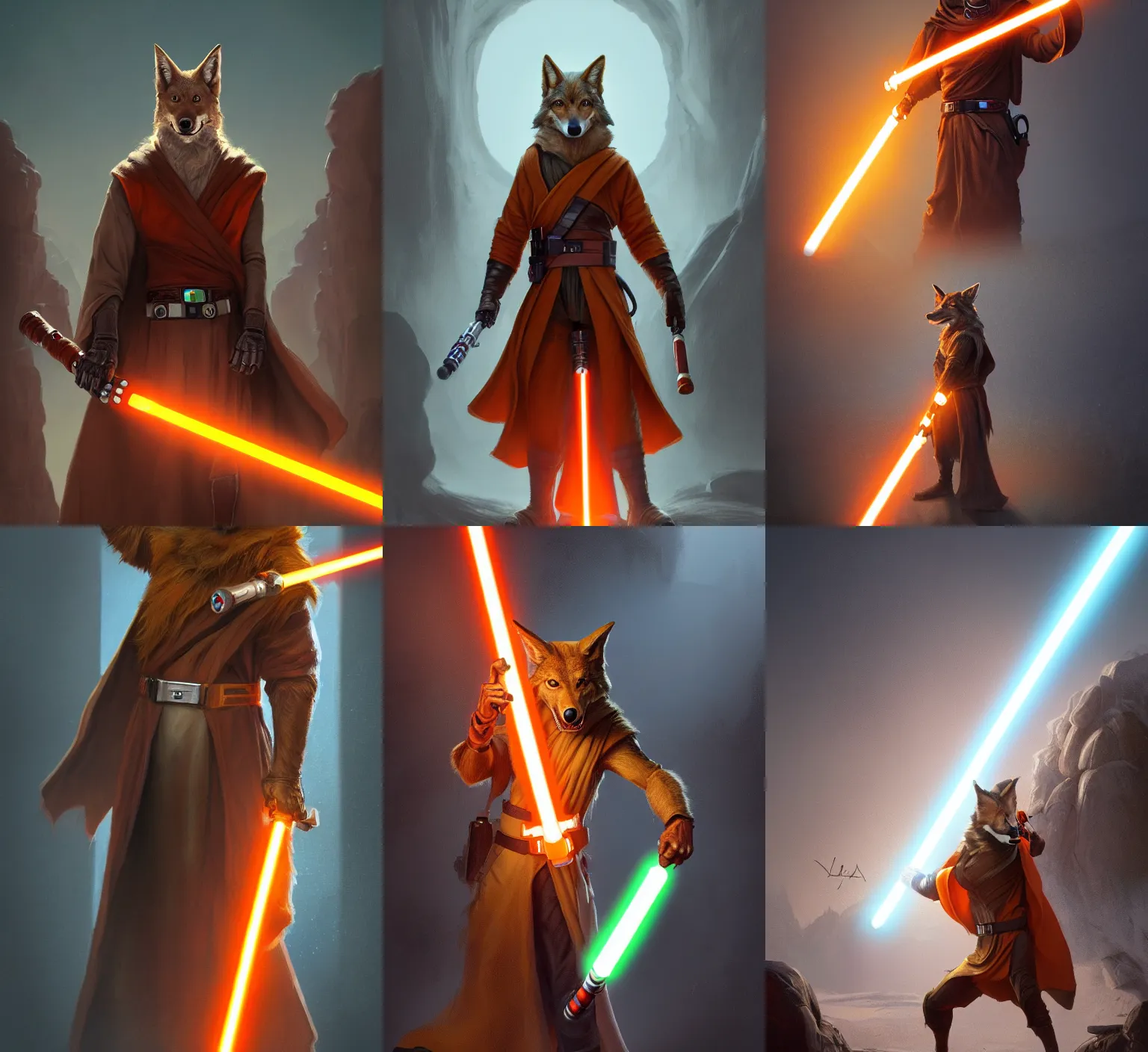 Prompt: portrait, anthropomorphic coyote wearing Jedi robes wielding an orange lightsaber, dramatic lighting, cinematic, establishing shot, extremely high detail, photo realistic, post processed, artstation, matte painting, style by eddie mendoza, raphael lacoste, alex ross