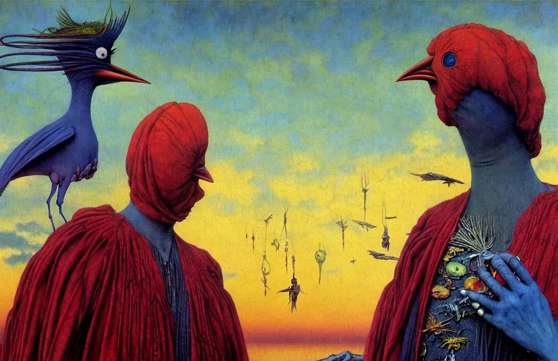 Image similar to realistic detailed portrait movie shot of a birdman wearing dark ragged robes, sci fi city sunset landscape background by denis villeneuve, amano, yves tanguy, alphonse mucha, ernst haeckel, max ernst, roger dean, masterpiece, rich moody colours, bird head, blue eyes