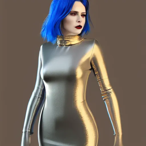 Image similar to comforting portrait of a pale hot goth woman with elegant multilayered gold-blue-silver tight leather high-neck striped dress, curvy thin waist, photorealistic, sublime, 16k, smooth, sharp focus, cgsociety, trending on ArtStation, volumetric lighting