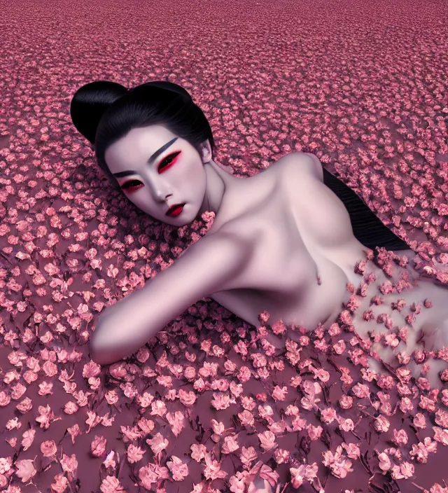 Image similar to baroque portrait of a geisha android berserker designed by vitaly bulgarov who is lying down in a river made of thousand of flowers, photorealistic, octane render, 8 k, depth of field