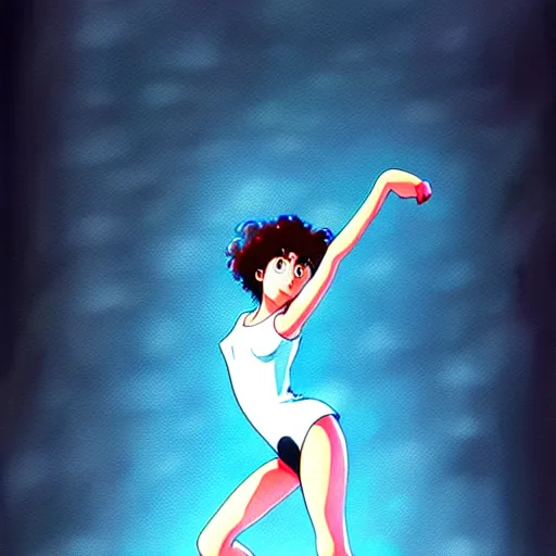 Prompt: flashdance movie, artstation, cartoon, elegant, highly detailed, digital painting, concept art, smooth, sharp focus, illustration, art by studio ghibli