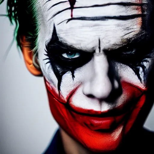 Image similar to Bill Skarsgard With scary face paint inspired by the joker hyper realistic 4K quality