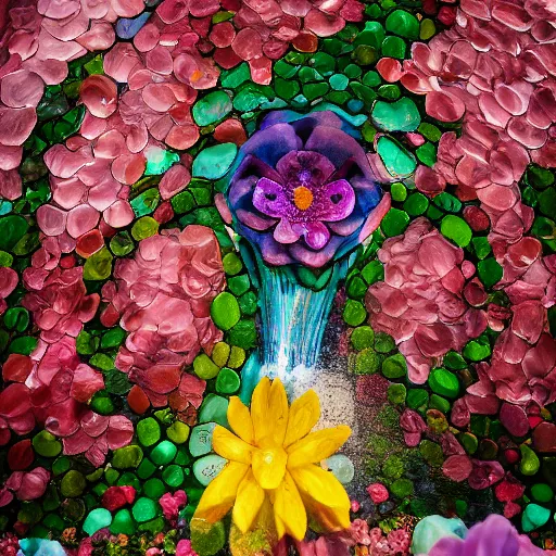 Image similar to photograph of Georgia O'Keefe flower sculptural fountain with flower petals and water flowing throughout, feminine, beautiful, curvy, flowers background, romantic, sensual, shallow depth of field