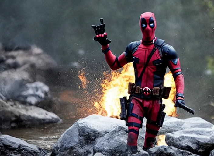 Image similar to film still of deadpool in the new dirty jobs tv series, 4 k