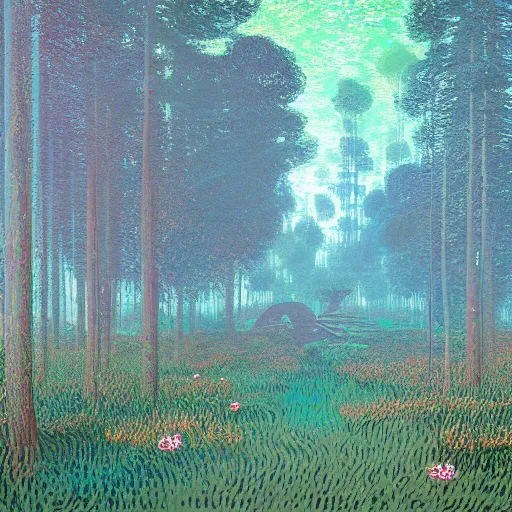 Prompt: A magical forest by Dan Mumford, Simon Stålenhag and Claude Monet