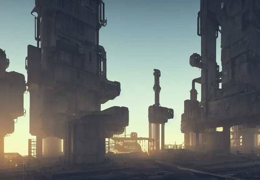 prompthunt: a minimalist scifi brutalist maschinen krieger robot factory at  the golden hour with columns of steam, ilm, beeple, star citizen halo, mass  effect, bladerunner, elysium