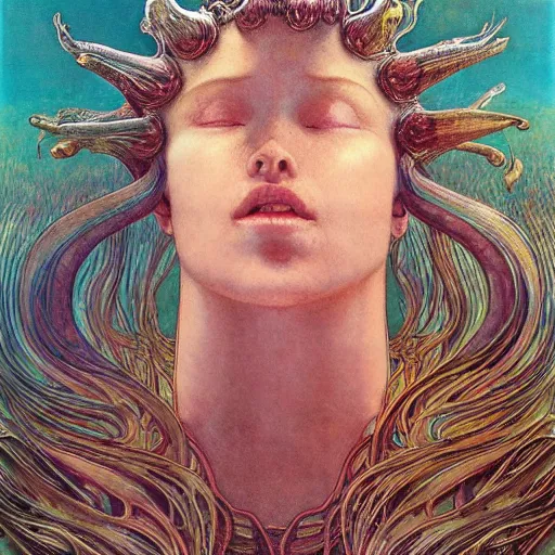 Prompt: queen of neptune by zdzisław beksinski, iris van herpen, raymond swanland and alphonse mucha. highly detailed, hyper - real, beautiful