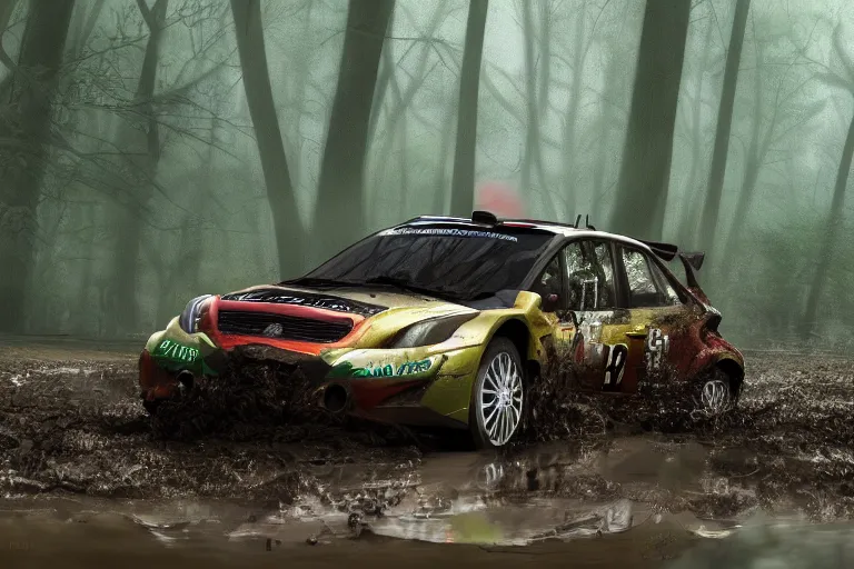 Prompt: a rally car splashing thru a mud puddle in a forest. Digital art, extremely detailed, artstation, motion blur, mist