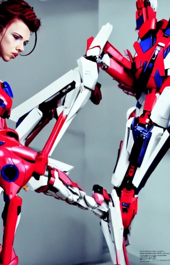 Prompt: young sexy scarlett johansson as evangelion neon genesis mech, gundam, high - end fashion photoshoot