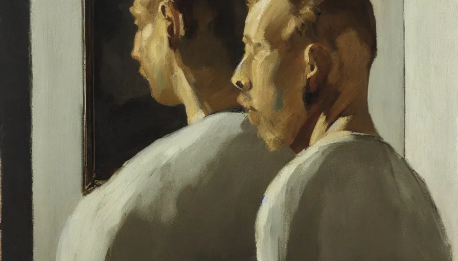 Image similar to painting by borremans, man in front of the mirror, detailed, stunning, dynamic lighting