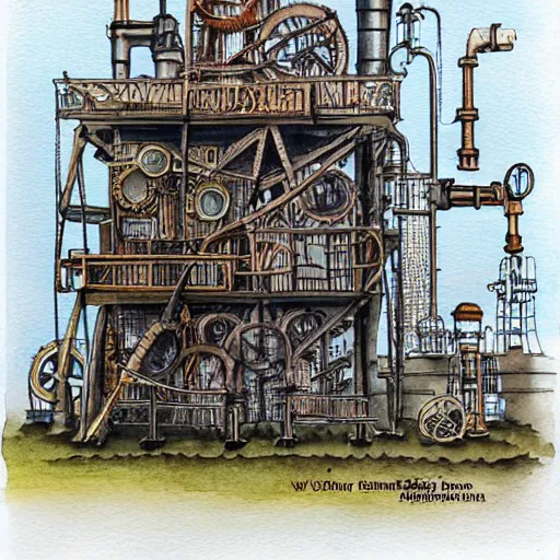 Image similar to Steampunk factory, ink and watercolor,