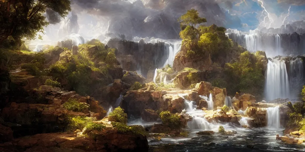 Image similar to creation of the world and heaven with a river of the water of life, clear as crystal, flowing from the throne of god and of the lamb by daniel f. gerhartz and matt stewart and thomas cole and albert bierstadt, fantasy, photorealistic, octane render, unreal engine, dynamic lighting