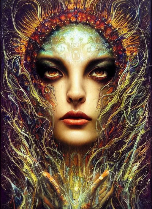 Image similar to magic enlightened cult psychic enchanted woman, painted face, third eye, energetic consciousness psychedelic, epic surrealism expressionism symbolism, perfect, by karol bak, louise dalh - wolfe, masterpiece