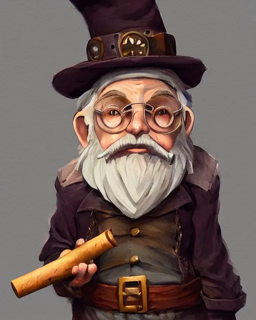 Image similar to A gnomish professor smoking a wooden pipe, visualartzi, anime, steampunk, portrait, concept art by Karla Ortiz, James Paick, Charlie Bowater, Krenz Cushart, highly detailed, ultra detailed, ultra realistic, trending on artstation, cgstudio